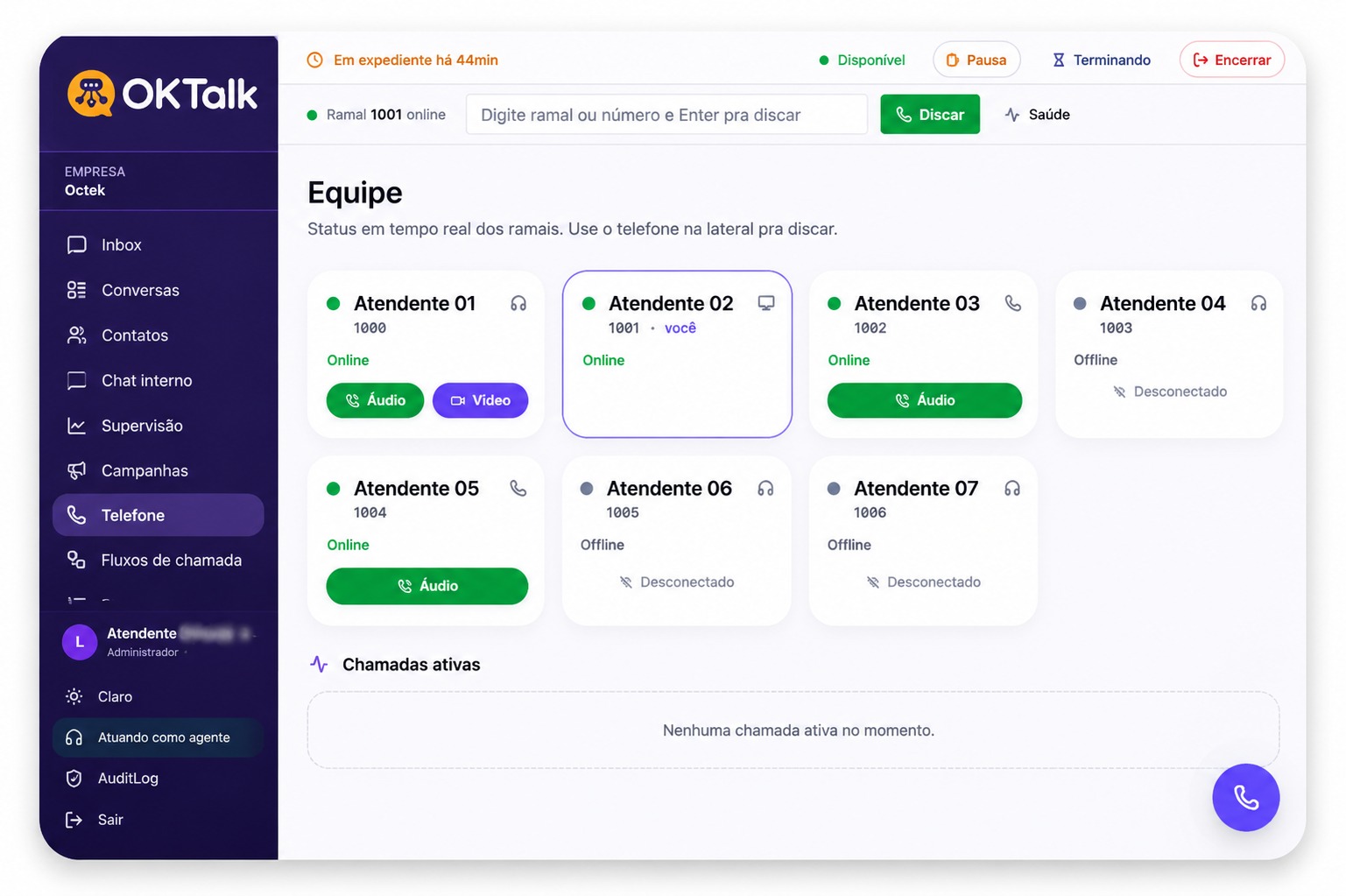 Painel de ramais OkTalk — status em tempo real e discagem direta