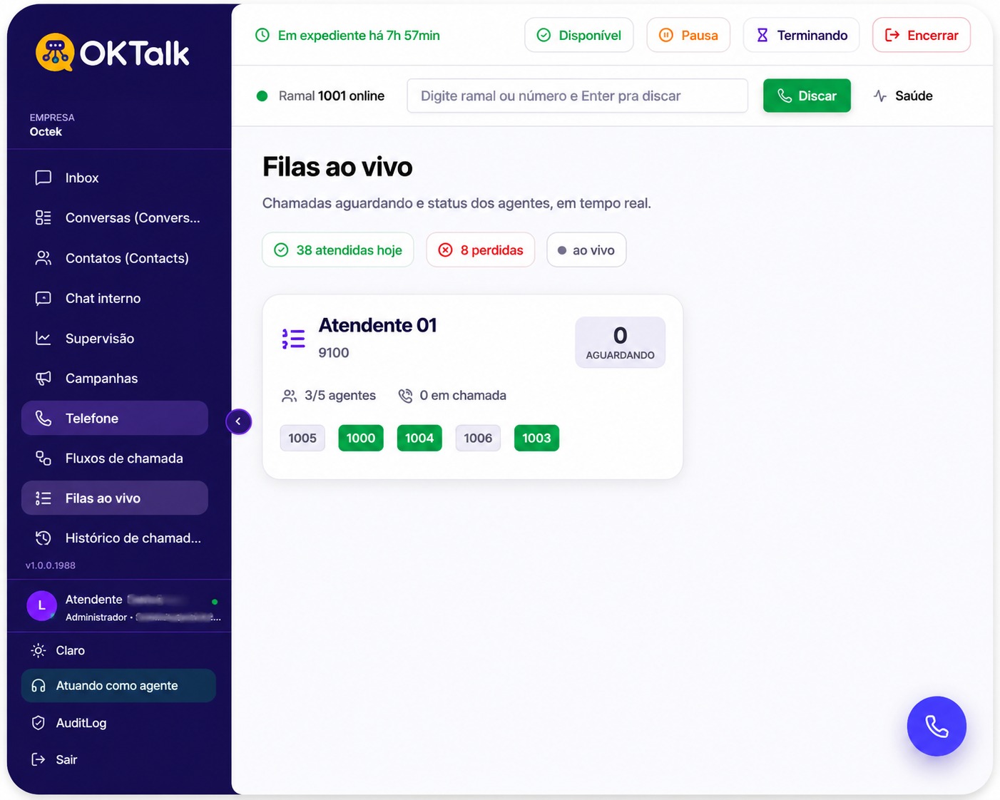 Filas unificadas OkTalk — voz e WhatsApp na mesma tela