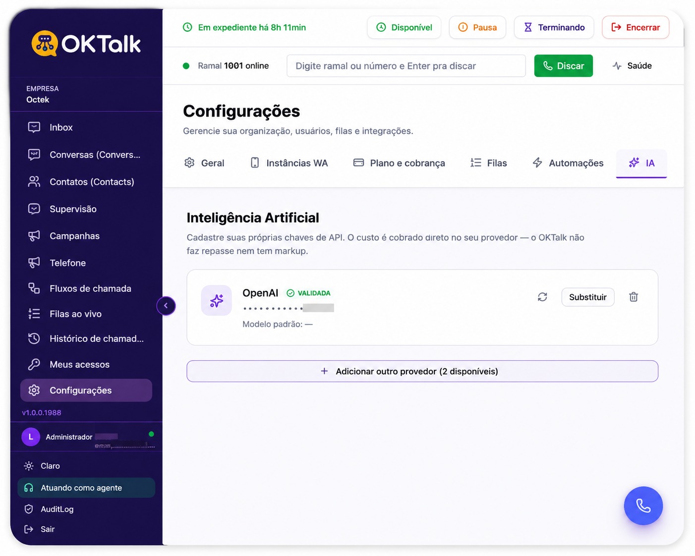 IA sem markup — configuração com chave própria OpenAI no OkTalk